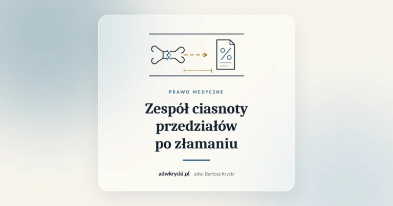 Złamana kończyna w opatrunku i akta sprawy, zespół ciasnoty przedziałów powięziowych jako błąd lekarza
